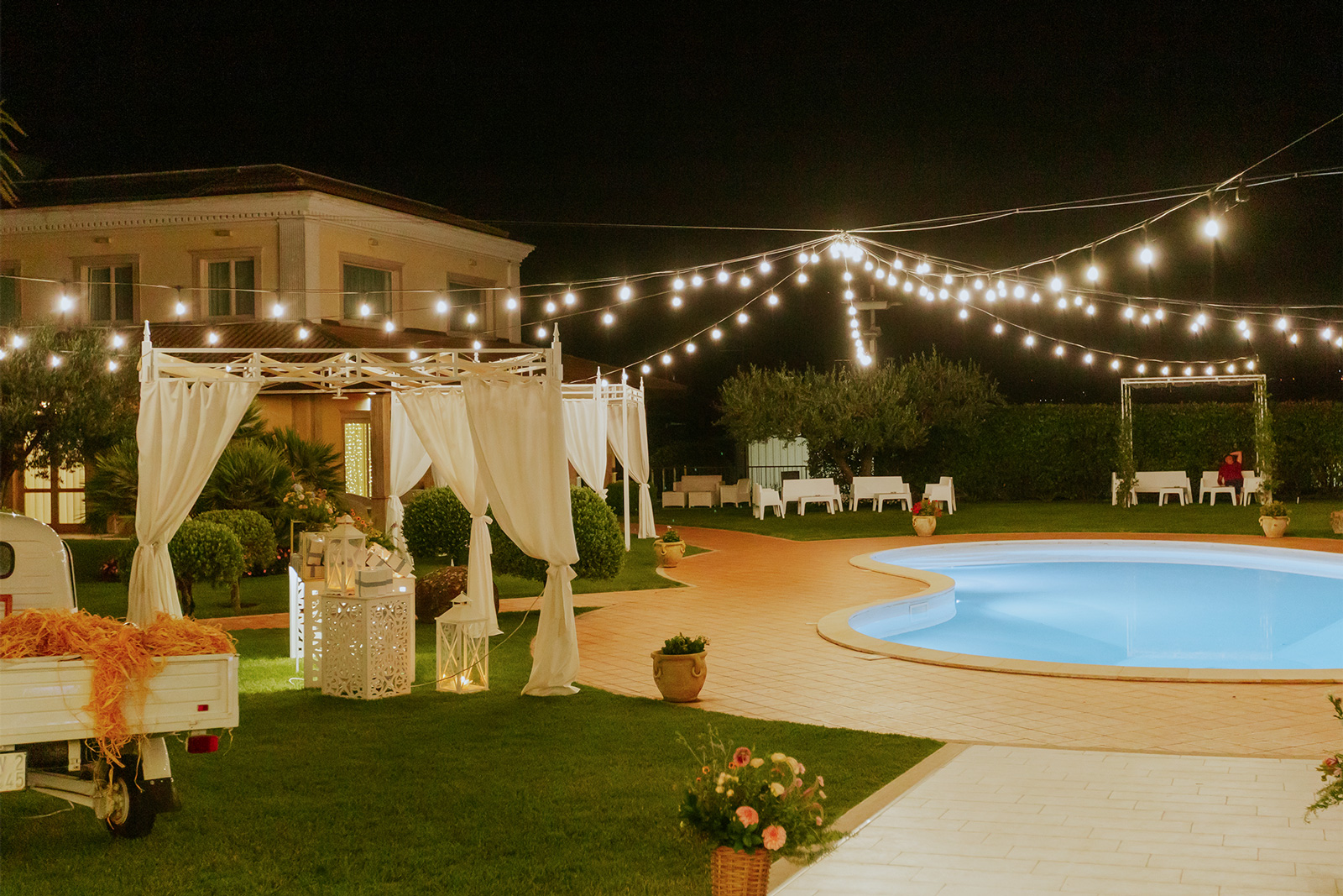 Giardini e piscina di Villa Calvo di sera